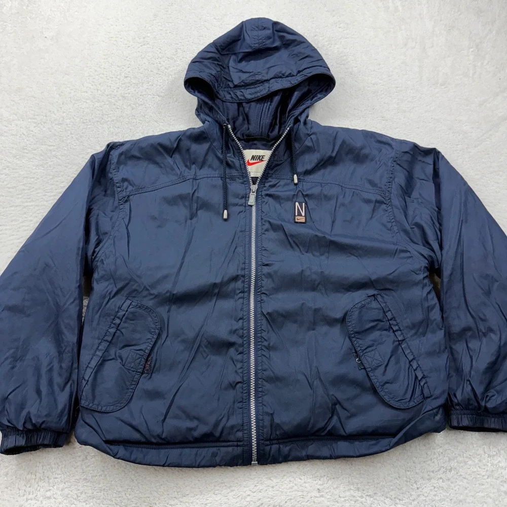 VTG 90s Nike‎ Womens Hooded Navy Blue Windbreaker Jacket Size Small